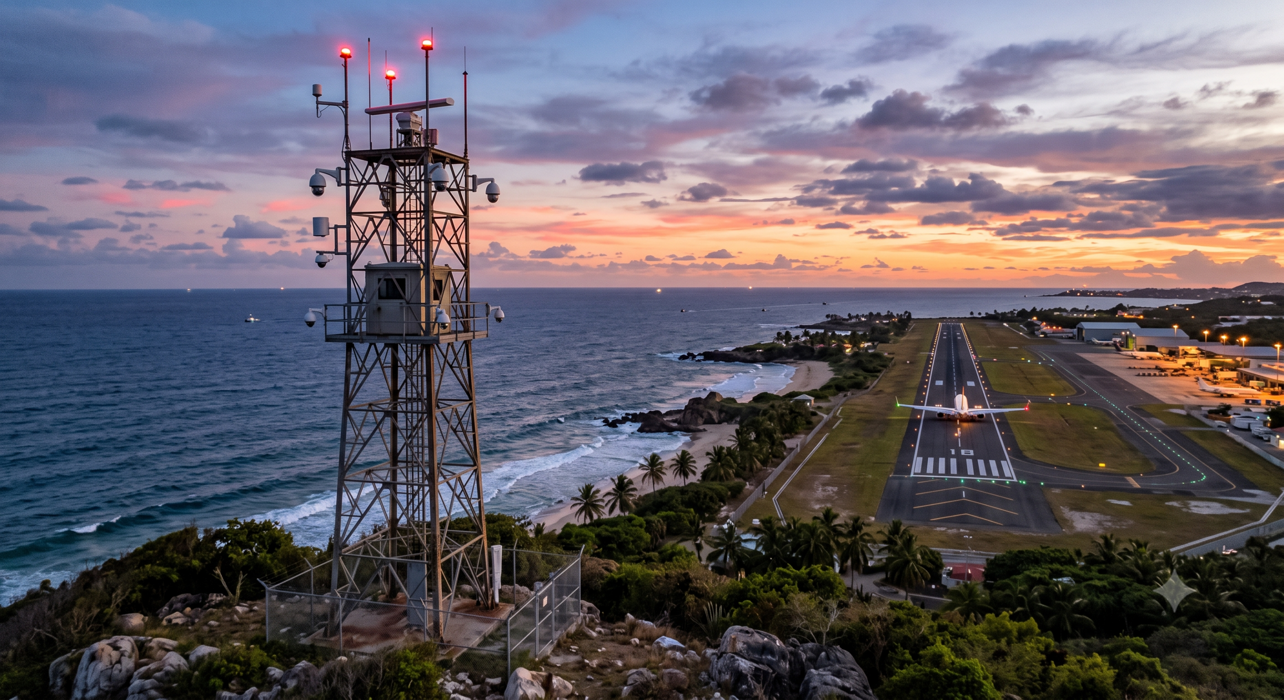 Coastal surveillance camera tower overlooking the ocean near an airport runway at dusk