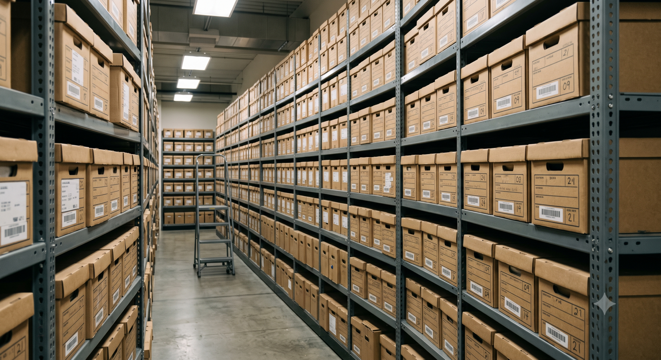 Rows of archival document boxes on shelving in a records storage facility