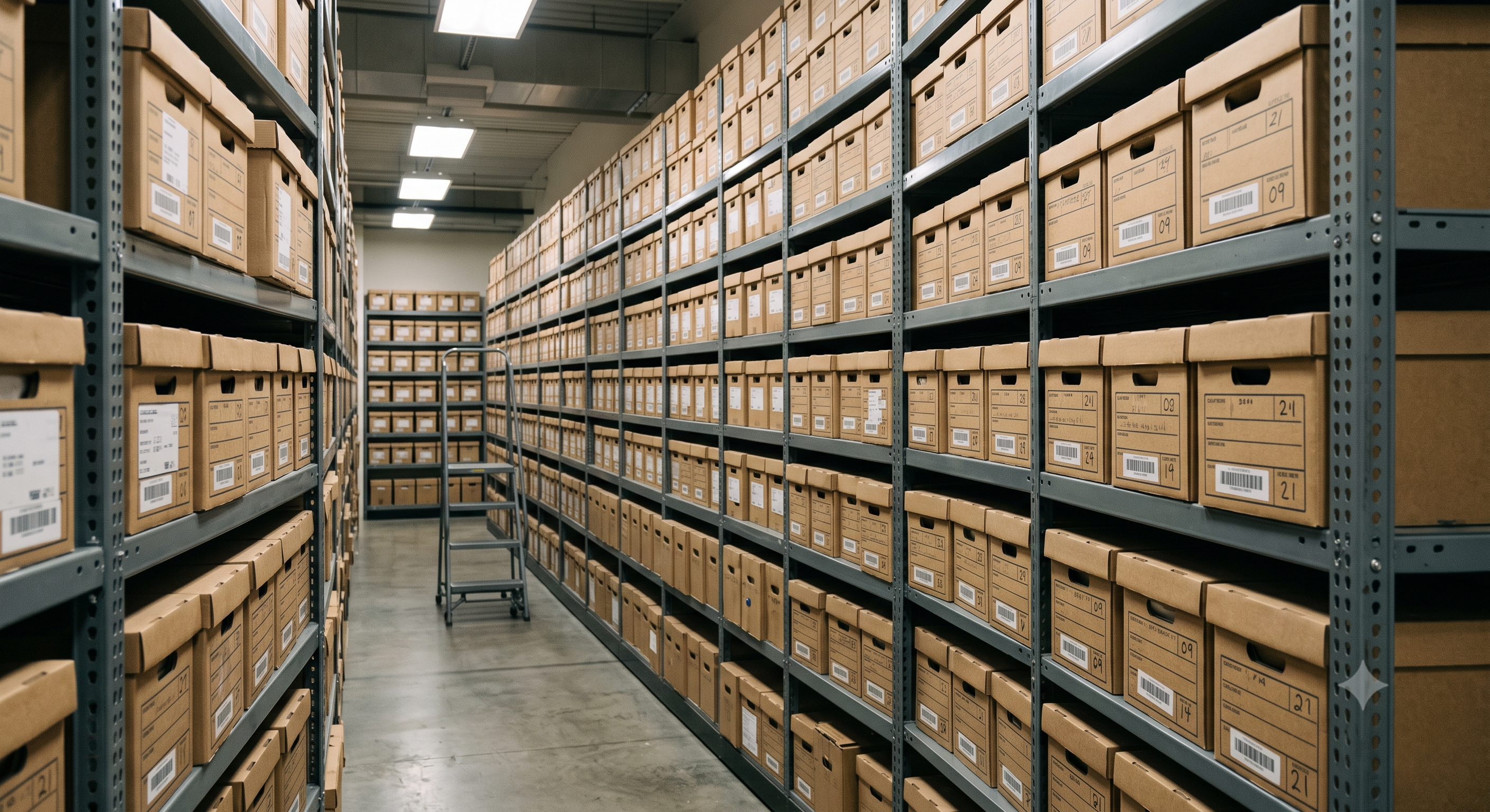 Rows of archival document boxes on shelving in a records storage facility