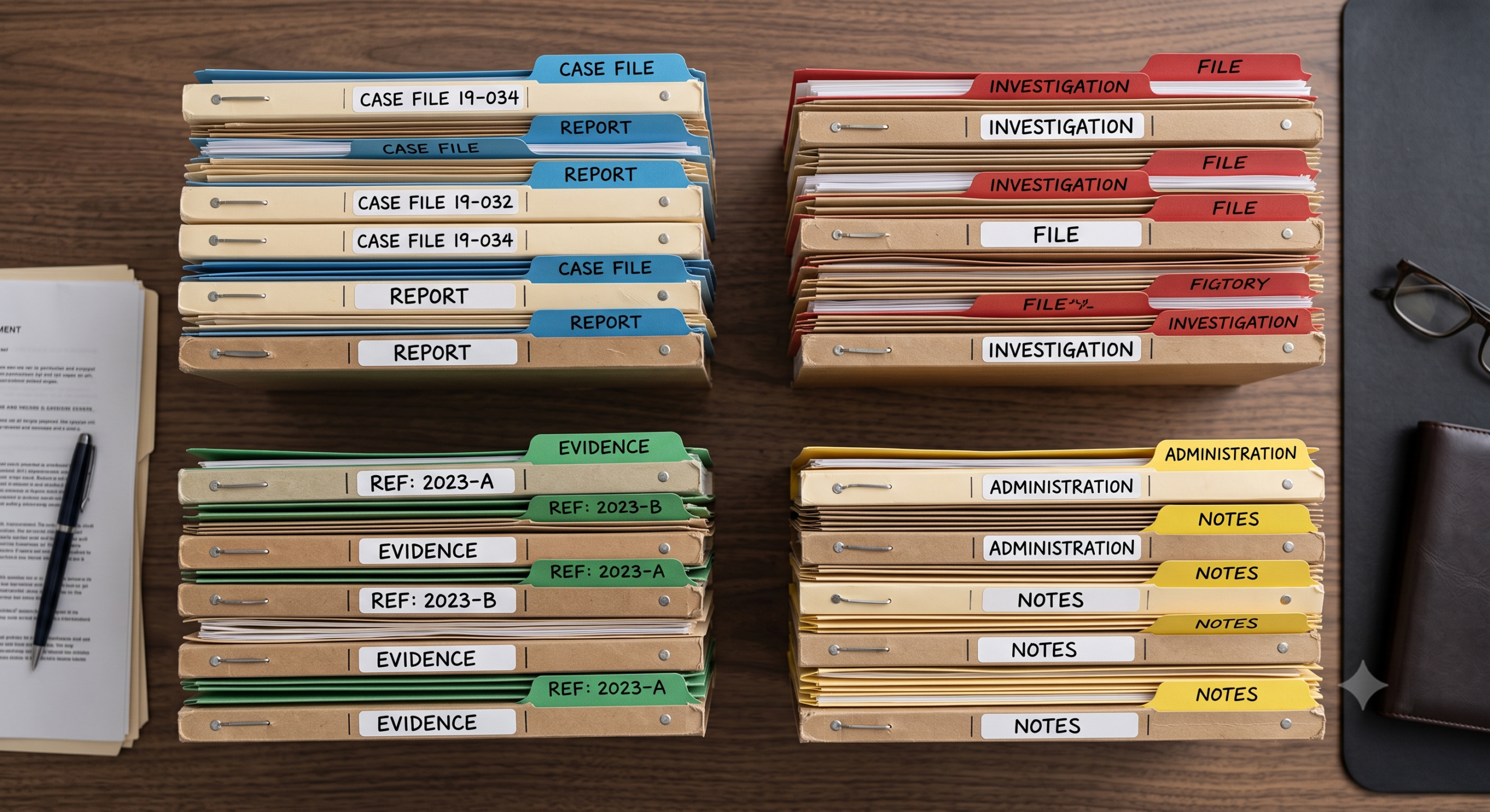 Case file folders organized into stacks by category on a desk