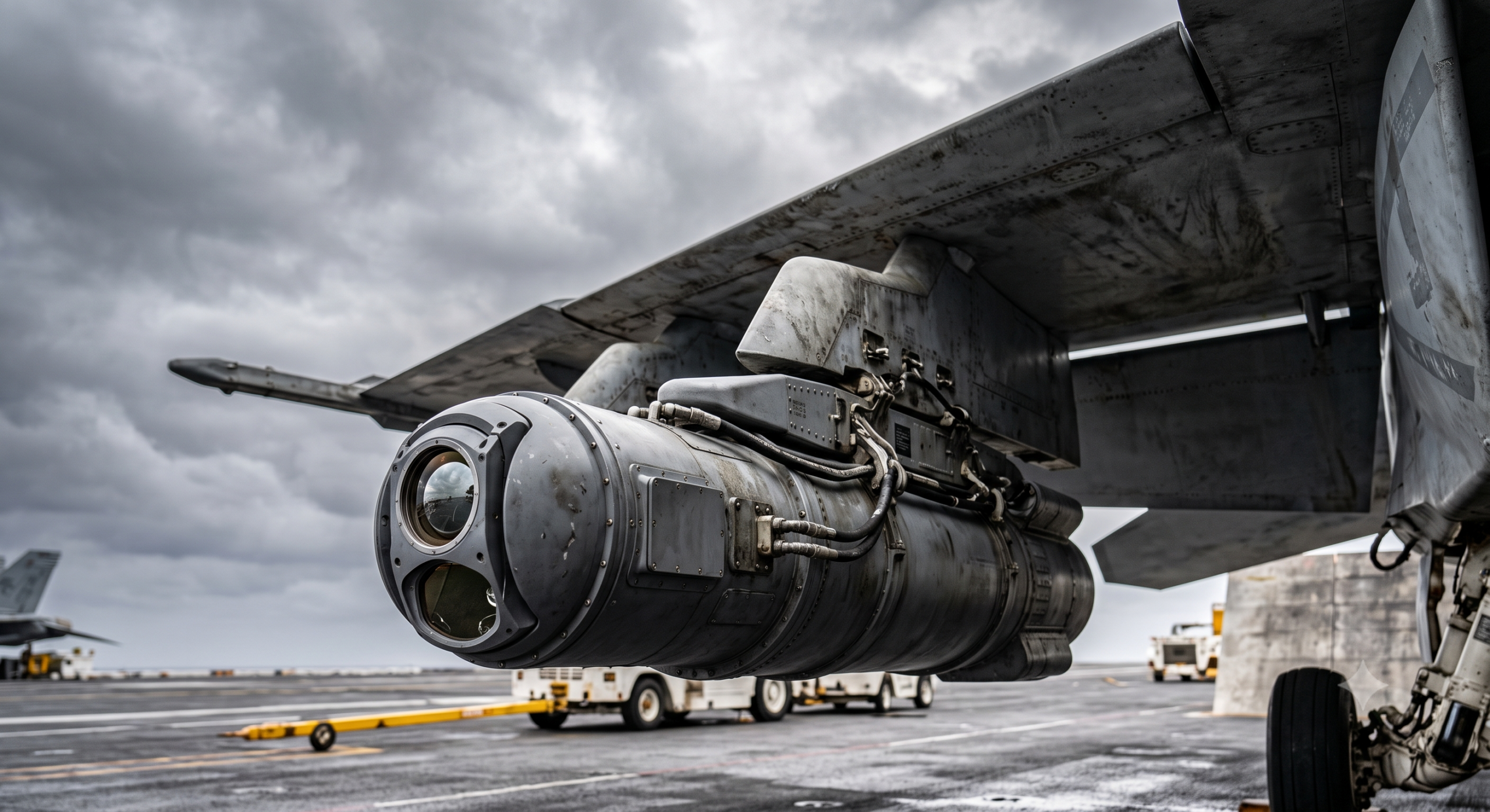 Close-up of a military aircraft targeting pod mounted under a fighter jet wing