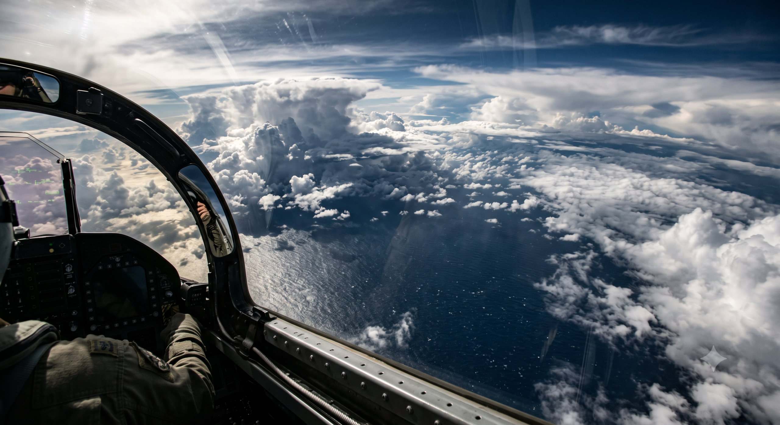 View from a fighter jet cockpit at high altitude over clouds