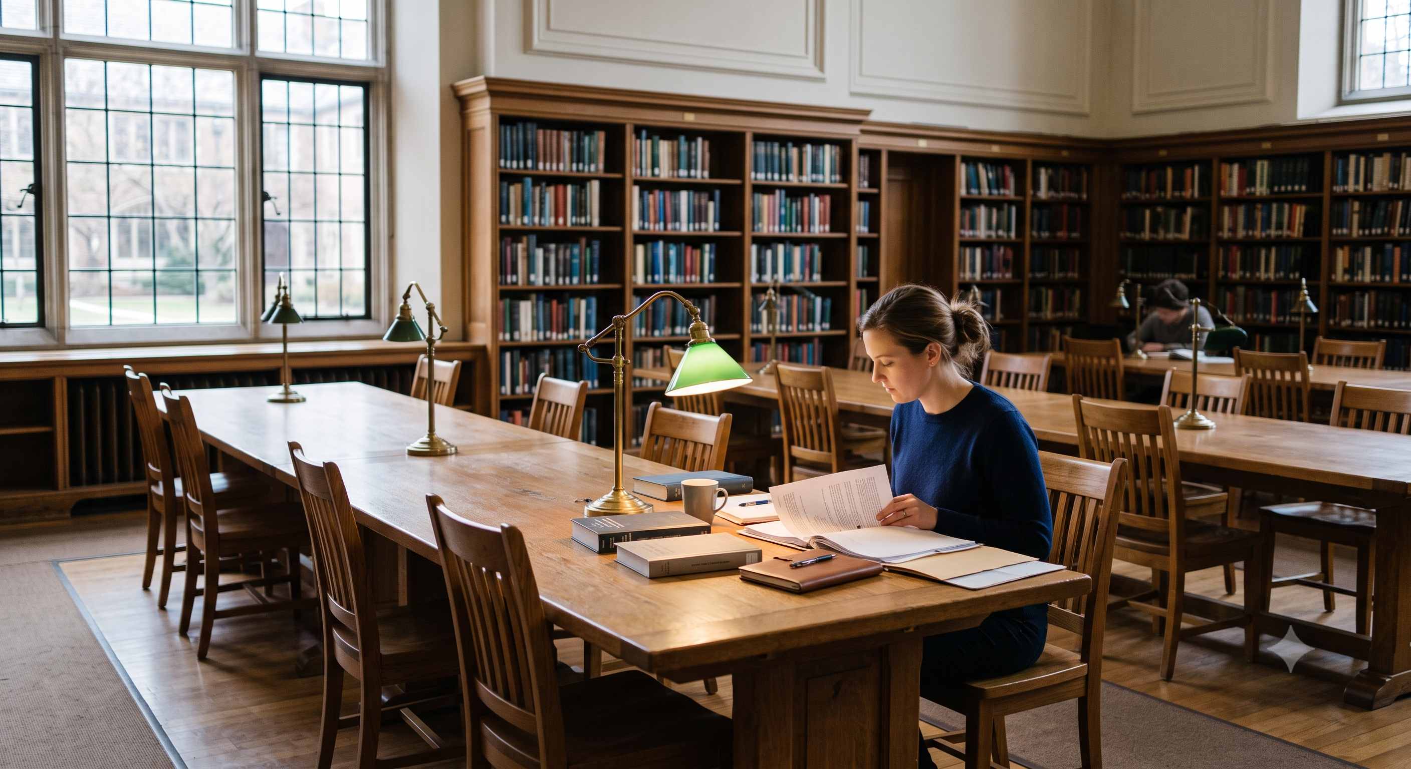 Researcher reviewing documents in a quiet archives research room