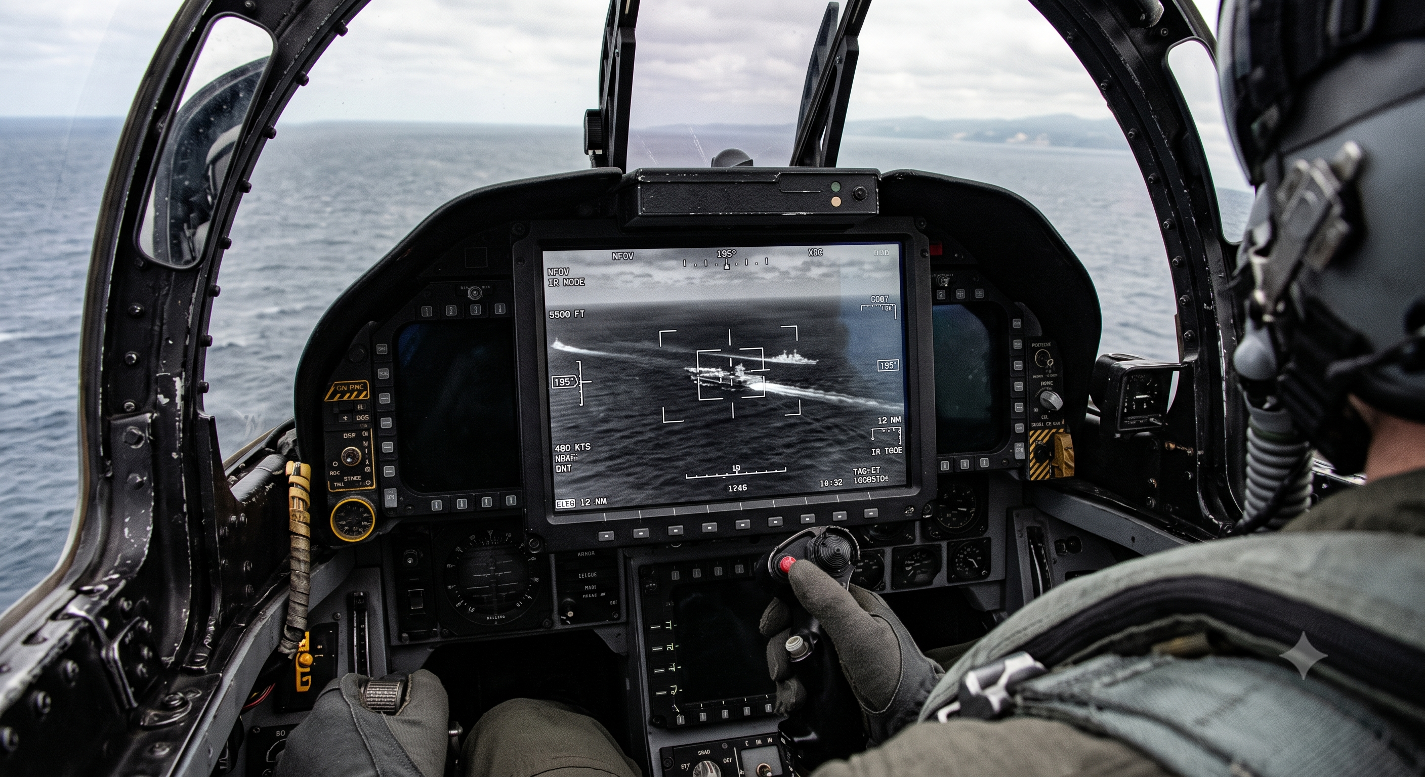 Fighter jet cockpit infrared targeting display showing an object over the ocean