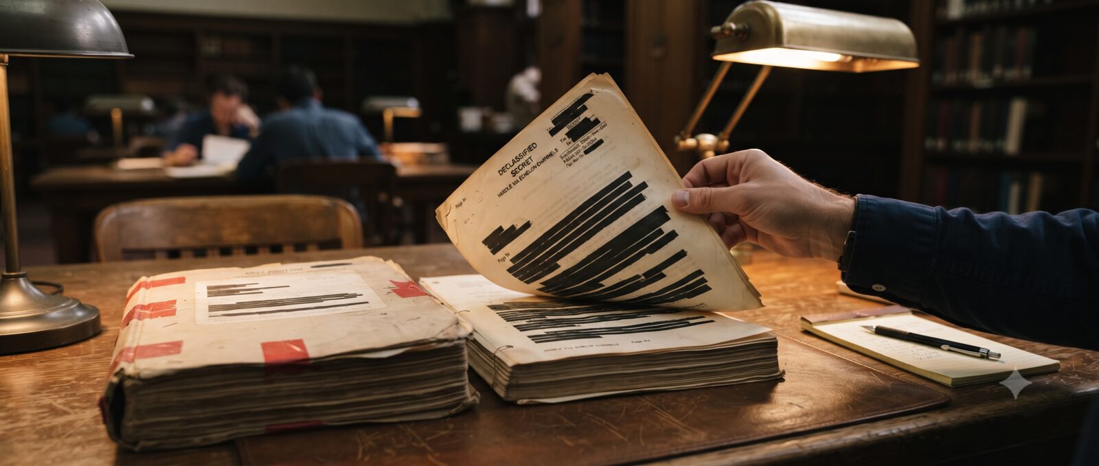 A hand carefully turning the page of a thick declassified government document file with visible redaction marks