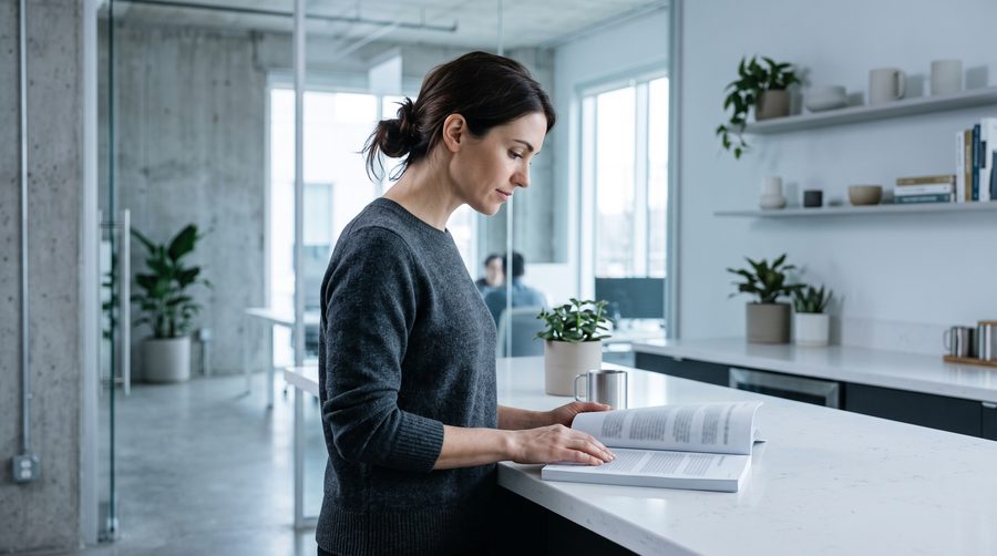 Small business owner reviewing a printed report at a counter