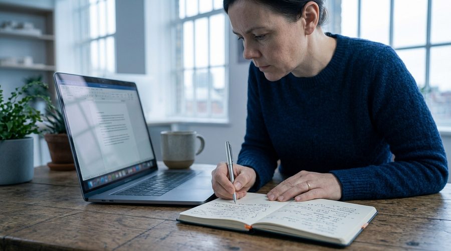 Person writing a rough draft by hand in a notebook next to a laptop