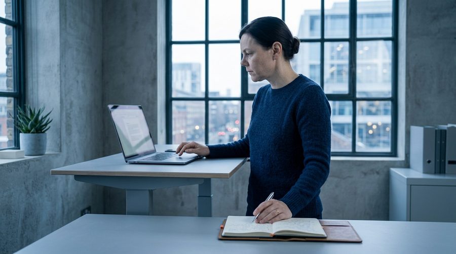 Small business owner standing alone in a small office at a laptop